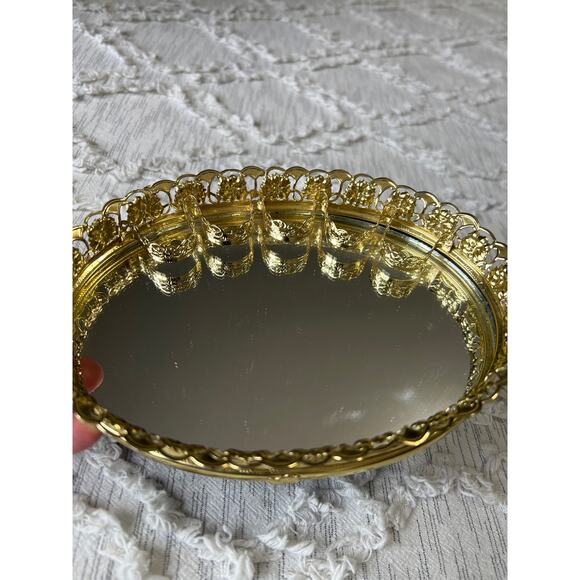 Vintage Mirrored Gold Tone Vanity Tray Lipstick Makeup Tray - Picture 1 of 10
